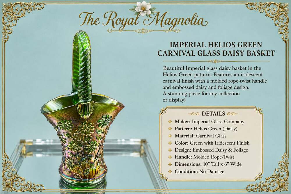 Imperial Helios Green Carnival Glass Daisy Basket